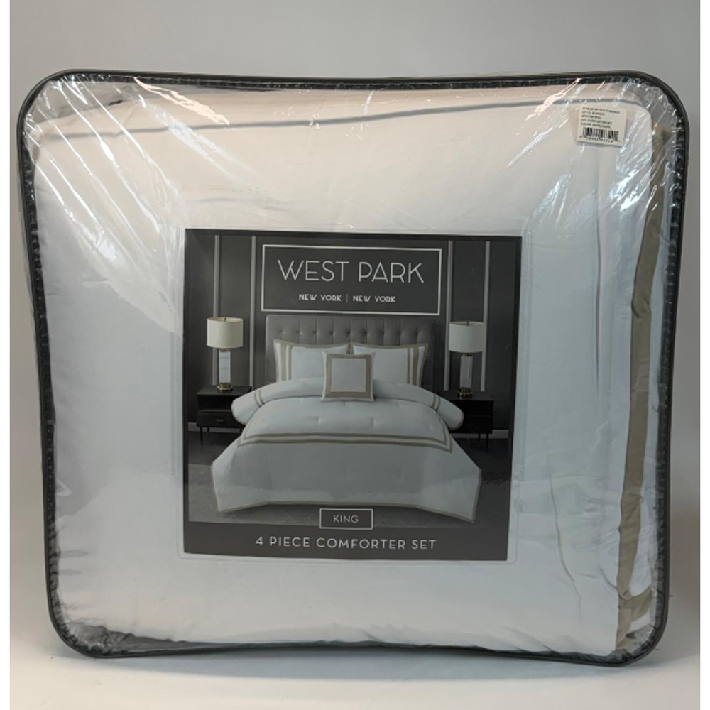 West Park New York Border Pattern White/Taupe King 4-Piece Comforter Set